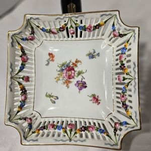 Antique Vintage HP Square Czechoslovakia Czech Floral Reticulated Dish Bowl